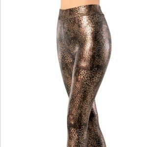 Leggings, Faux Leather, Brown, Gold Cheetah Printed, Wide Waistband, High Rise.